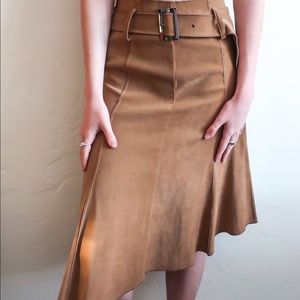Y2K Belted Faux Suede Asymmetrical Midi Skirt